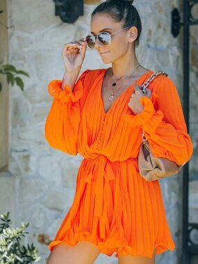 VICI Found Love Endless Rose Vibrant Orange Romper - Pleated - Tie Waist